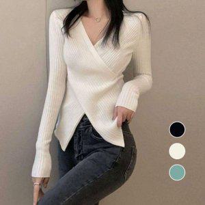 골패턴 V넥 레이디스 니트탑 경량 트임디테일 스프링폴시즌 여성용 아이보리 V넥 다크블랙 소라색 프리미엄