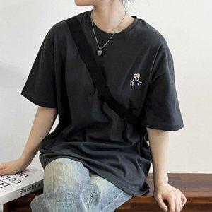 우먼 오버사이즈 순 면소재 프리미엄 쿨시즌 테디 베어 숏슬리브 상티차콜 우먼 하프슬리브 여성면티