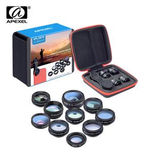 APEXEL 전화 렌즈 키트 범용 10 in 1 Fisheye 광각 매크로 렌즈 CPL 필터 만화경 + 스마트 폰용 2X 망원경 렌즈