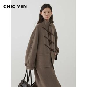CHIC VEN 여성 모직 코트 패션 복고풍 디자인 버튼 느슨한 롱 오버코트 한국 여성 의류 가을 겨울 새로운 2024