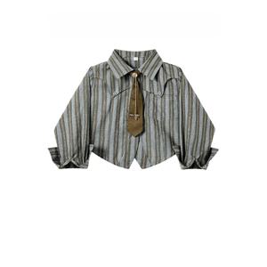 가을 캐주얼 스트라이프 여성 셔츠 빈티지 데님 투피스 세트 다용도 디자인 편안한 긴팔 폴로 칼라 버튼업