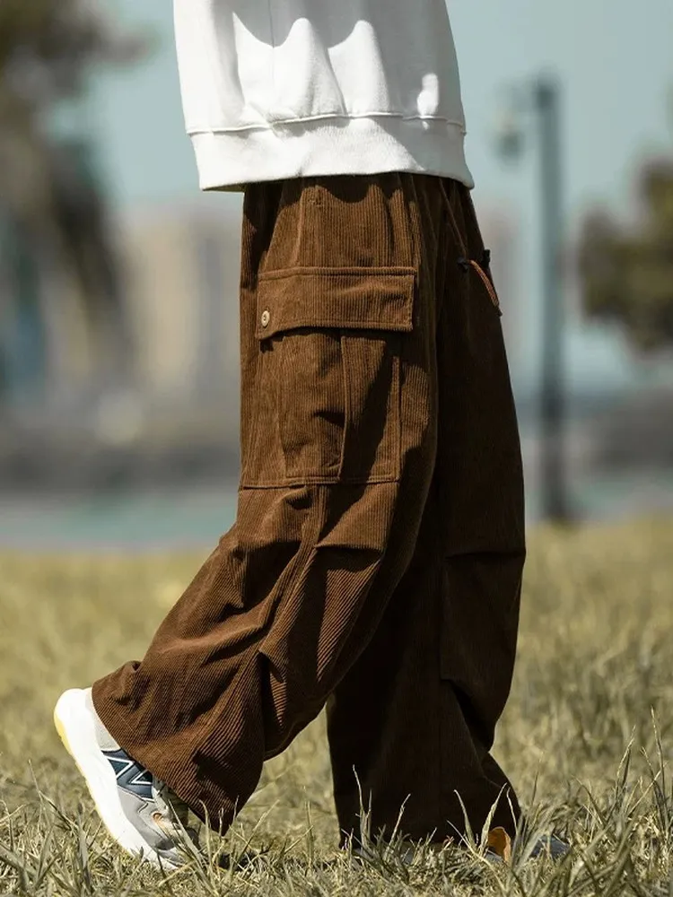 일본 스타일 시티보이 남성용 두꺼운 플리스 안감 코듀로이 루즈 와이드 레그 작업복 바지 가을 겨울 캐주얼 스포티 트렌디 브랜드