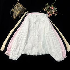 여성용 귀여운 레이스 보우 셔츠, 귀여운 로리타 블라우스, 카와이 피터팬 칼라, 긴팔 블라우스, 소녀 코튼, 편안한 로리타 의류