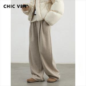 CHIC VEN 여성용 하이 웨이스트 플리츠 캐주얼 바지, 부드러운 와이드 레그 팬츠, 두꺼운 스포츠 바지, 솔리드 플러시 겨울 2024, 신상