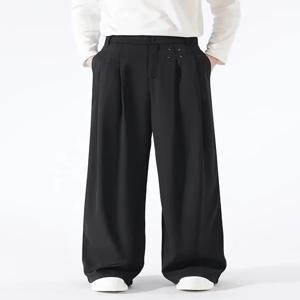 아메리칸 스타일 드레이프 플리츠 플리스 안감 와이드 레그 팬츠 남녀 공용 클린핏 수트 팬츠 캐주얼 스트레이트 레그 팬츠