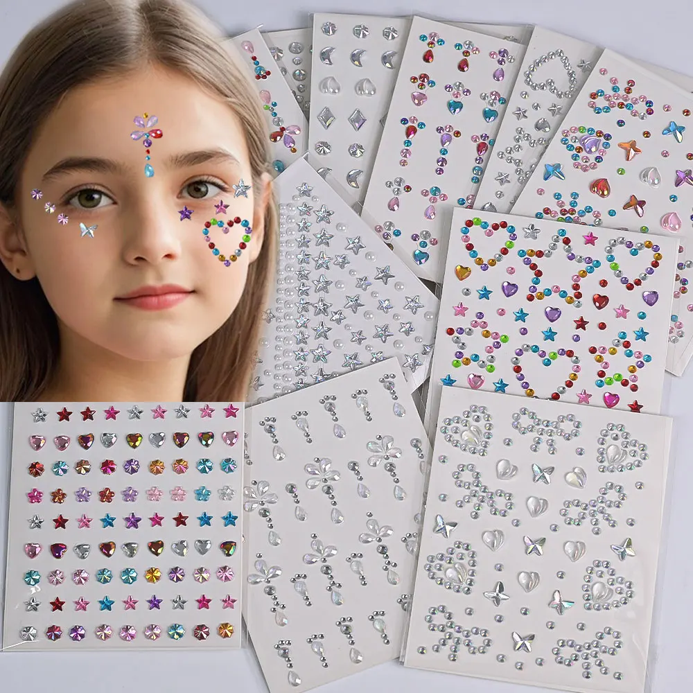 1 시트 귀여운 얼굴 보석 자기 접착 스티커 하트/활/스타 키즈 공주 얼굴 라인 석 문신 스파클링 메이크업 의상 장식
