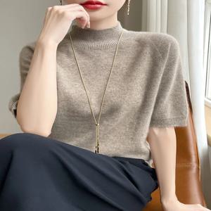 패션 기본 봄 여름 메리노 울 스웨터 모의 목 캐시미어 풀오버 솔리드 컬러 부드러운 반소매 셔츠 의류상의