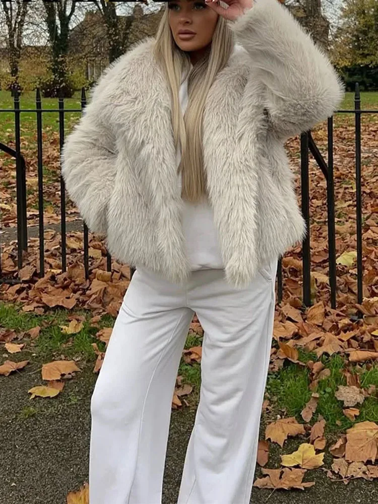 HH 2025 빈티지 여성 크롭 페이크 퍼 재킷 긴 소매 턴다운 칼라 여성 플러시 울 코트 시크 레이디 퍼 아우터웨어