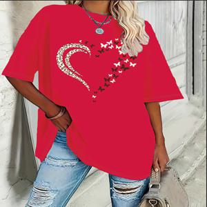 플러스 사이즈 반팔 티셔츠 봄 여름 여성 라운드 넥 반팔 루즈 러브 티셔츠 탑