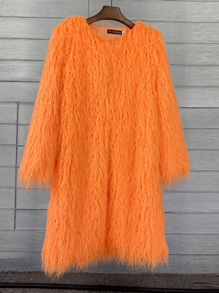 겨울 여성 가짜 여우 모피 롱 코트 두꺼운 풀 슬리브 푹신한 럭셔리 모피 자켓 양 모피 느슨한 하이 스트리트 두꺼운 플러시 아웃웨어