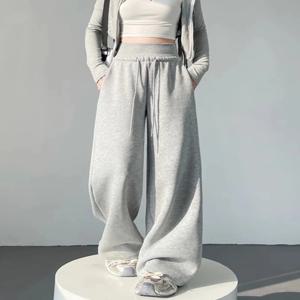 2025년 신상 아메리칸 스타일 플러스 사이즈 하이웨이스트 스트레이트 레그 팬츠 스포티한 슬림핏 그레이 와이드 레그 팬츠 여성 캐주얼 바지