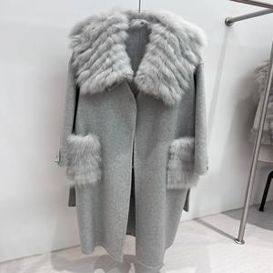 2025 신상 겨울 캐시미어 울 재킷, 천연 여우털 칼라 울 코트, 여성 아우터, 여성용 고급 재킷