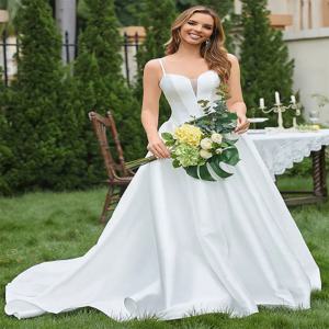 여성용 새틴 웨딩 드레스, 2024 롱 볼 가운, V넥 스파게티 스트랩, 레이스업 백 신부 파티 가운, 우아한