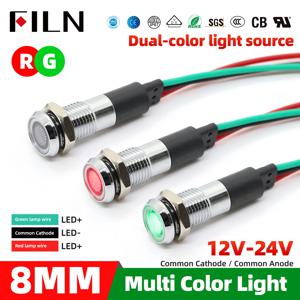 FILN 8mm 2 색 바이 컬러 빨간색과 녹색 6V 12V 24V 36V 48V 120V 220V 금속 표시 등 20cm 케이블로 표시 등