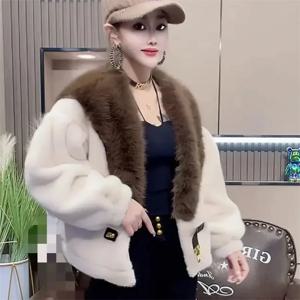 여성용 모피 칼라 짧은 재킷, 일체형 컬러 매칭, 친근한 모조 모피 재킷, 하이엔드 겨울 핑크, 신상