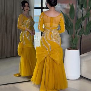 Flechazo 노란색 얇은 명주 그물 이브닝 원피스 스쿱 넥 긴팔 절묘한 구슬 장식 인어 바닥 길이 활 여성 가운 맞춤형
