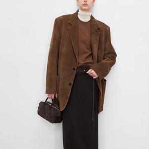 빈티지 브라운 암소 가죽 진짜 가죽 블레이저 자켓 2025 가을 겨울 세련된 여성 싱글 브레스트 암소 스웨이드 오버 사이즈 자켓 코트