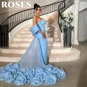 장미 하늘색 파티 드레스와 스팽글 파란색 3D 꽃 인어 나이트 드레스와 주름 오프 어깨 연예인 드레스 맞춤형