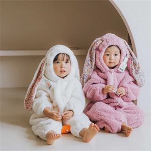 봄 아기 소녀 소년 토끼 Romper 신생아 원피스 점프 슈트 후드 잠옷 소년 플러시 Homewear 복장 아기 의상