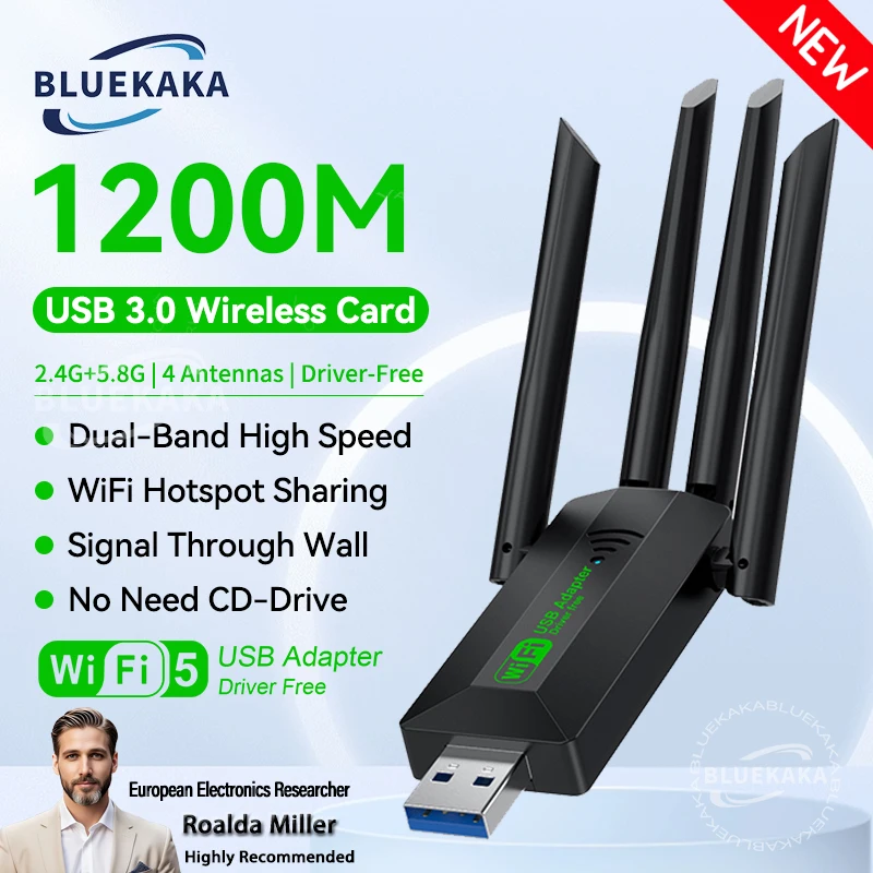 4 안테나 1200Mbps WiFi USB 3.0 어댑터 2.4G/5GHZ 듀얼 밴드 WiFi 동글 무선 수신기 네트워크 카드 PC/노트북용 윈도우 10/11
