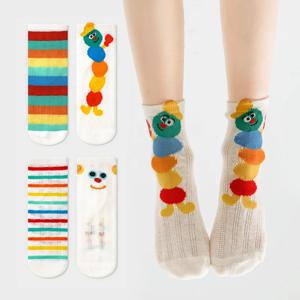 4 쌍 소녀 양말 귀여운 만화 애벌레 패턴 소년 아이를위한 편안한 통기성 줄무늬 양말