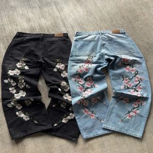 Simbol Project Blossom Jeans 자수 청바지 빈티지 로우 허리 와이드 레그 바지 하라주쿠 Mens Womes Baggy Jeans Y2K Clothes