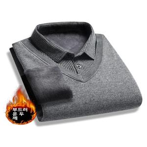 남성용 겨울 두꺼운 플리스 안감 긴팔 셔츠 칼라 니트 스웨터 베이스 레이어 따뜻한 아빠 옷 캐주얼 루즈핏