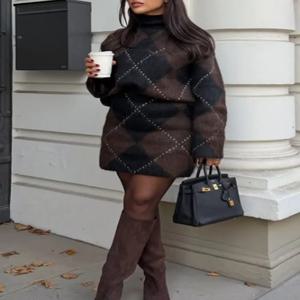 NLZGMSJ 여성 니트 세트 2025 가을 겨울 손목 슬리브 슬림 체크무늬 스웨터 가디건 재킷 크롭탑 미니스커트 슈트