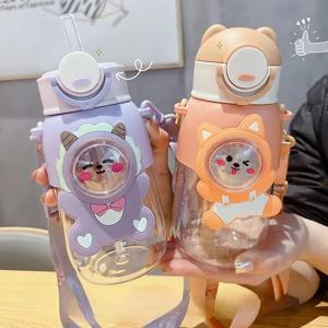 660ml 휴대용 만화 동물 물병 누출 방지 밀짚 컵 어린이를위한 안전 잠금 야외 캠핑 여행 마시는 주전자