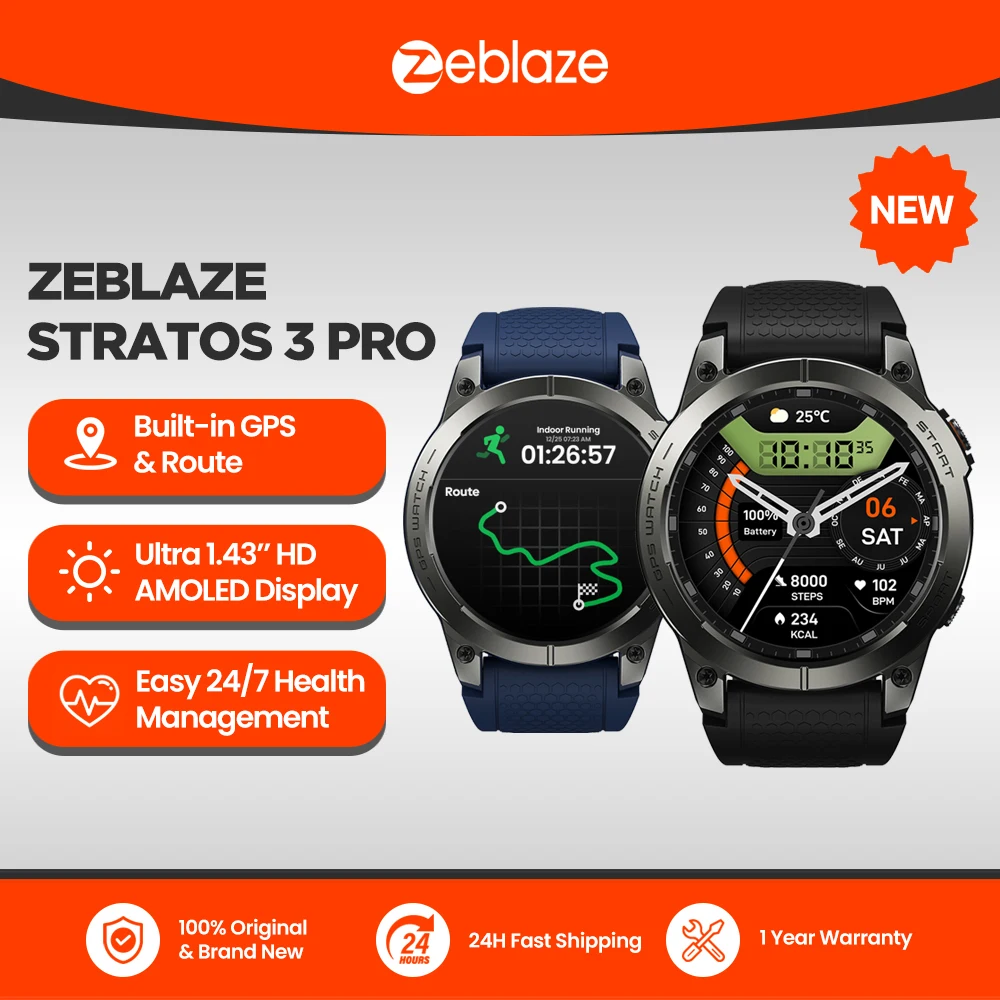 새로운 Zeblaze Stratos 3 PRO GPS 스마트 시계 1.43인치 HD AMOLED 디스플레이 내장 GPS 블루투스 전화 통화 남성용 스포츠 스마트워치