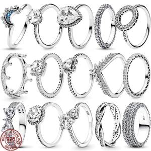 925 스털링 실버 반짝이는 클래식 스퀘어 크라운, 하트 모양 반지, 절묘한 럭셔리 매력 주얼리, 홀리데이 서프라이즈 선물, 신제품