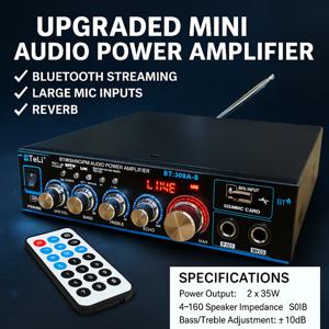 BT-309A-B 미니 오디오 앰프 35Wx2/블루투스 USB SD FM AUX 마이크 입력(에코/DC12V/AC220V 전력 증폭기 포함)