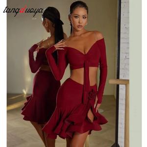 섹시 오프숄더 라틴 탑 러플 스커트 라틴 댄스 의상 무대 공연 의상 삼바 탱고 댄스웨어 여성 세트