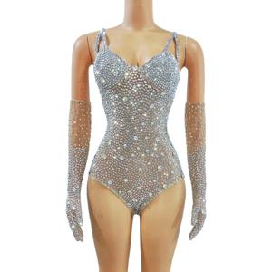 매력적인 생일 파티 및 무대 공연 복장: 사교계 명사 파티 드레스를 위한 반짝이는 라인스톤 중공 허리 섹시한 점프수트