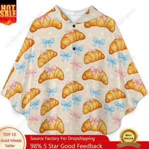 아늑한 플란넬 담요 스웨터, 크루아상 보우 스타 패턴 오버사이즈 후드티(어린이 및 청소년용 포켓 포함)