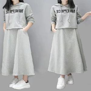 플러스 사이즈 패셔너블 후디 드레스 투피스 세트 배 커버 슬리밍 봄 가을 2024 여성 의류 출퇴근 스타일 폴리에스터 혼방