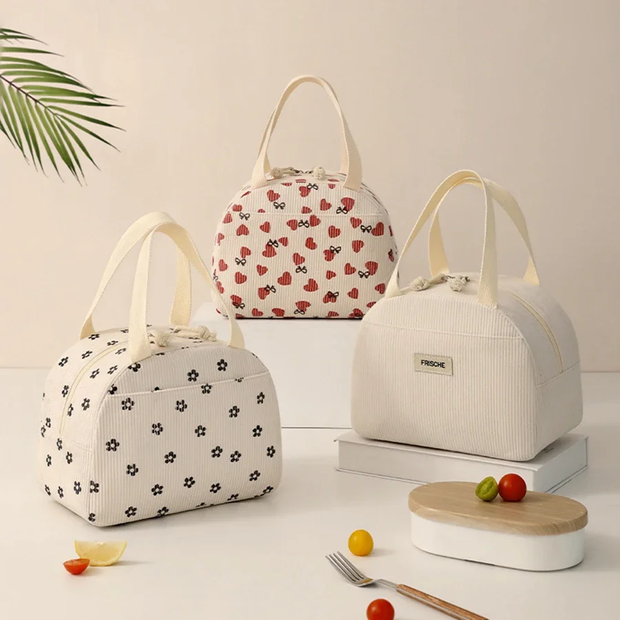 휴대용 코듀로이 점심 가방 단열 도시락 상자 귀여운 인쇄 여성 점심 보관 가방 피크닉 도시락 대용량 핸드백