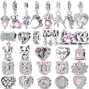 925 스털링 실버 핑크 참 비즈 나비 향수병 왕관 하트 모양 지르콘 참 여성용 고급 DIY 쥬얼리 선물