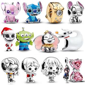 디즈니 핑크와 블루 스티치 참 비즈, 실버 925, 팔찌, 뱅글, 목걸이에 맞는 여성용 럭셔리 DIY 쥬얼리 파티 선물