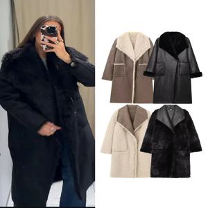 여성 레트로 리버시블 롱 코트 캐주얼 인조 모피 라펠 싱글 버튼 포켓 재킷 여성 겨울 패션 스트리트 따뜻한 아우터