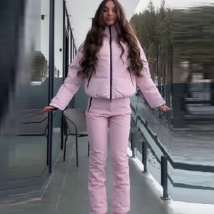 두꺼운 따뜻한 여성용 스키복 핑크 하이 칼라 후드 코튼 패딩 코트 스트레이트 레그 지퍼 팬츠 2025 신상 겨울 여성 스키복