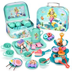 어린 소녀를위한 44pcs 티 파티 세트 주방은 디저트 쿠키 도넛 주전자 공주 소녀 선물과 차 시간 장난감을 재생 척