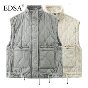 EDSA 여성 포켓 코튼 자켓 조끼 민소매 스탠드 넥 지퍼 양복 조끼 느슨한 여성 streetwear