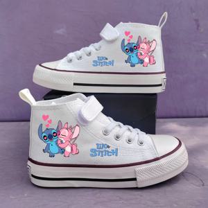 소녀를위한 새로운 만화 어린이 캔버스 신발 디즈니 릴로 & 스티치 소년 컷 화이트 하이 탑 신발 키즈 스니커즈 캐주얼 테니스 신발