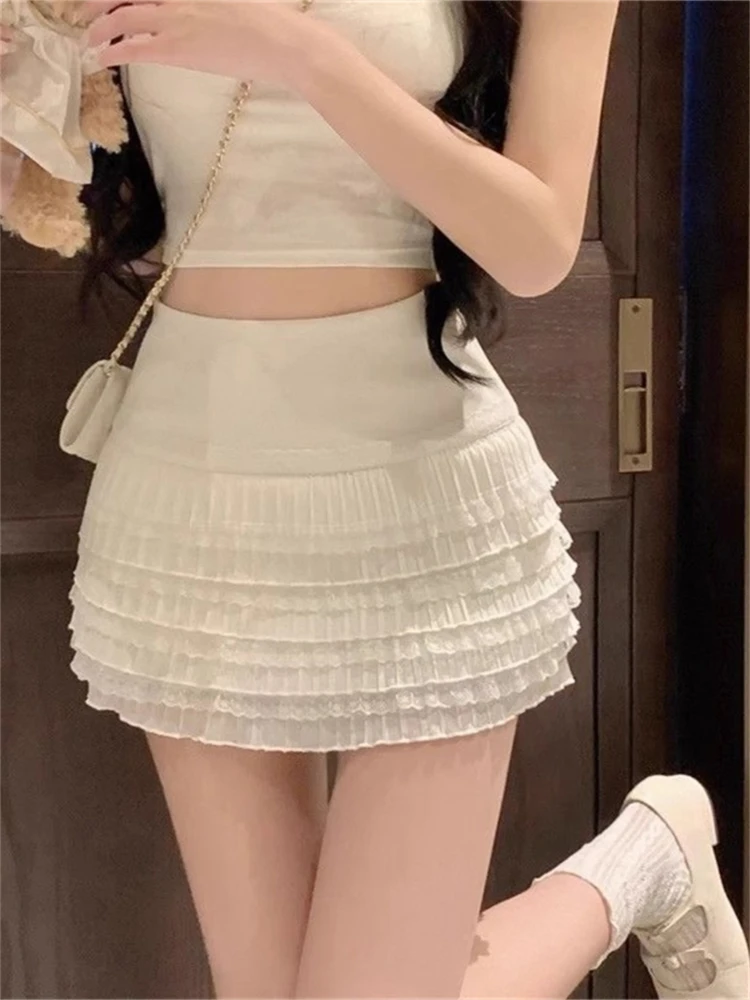 한국 스타일 하이웨이스트 플리츠 레이스 숏 스커트 여성용 스위트 스파이시 걸 케이크 하프 바디 스커트 가을 신상 패션
