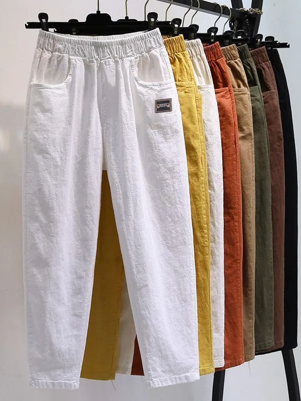 슬림 스트레이트 레그 코튼 린넨 하렘 팬츠 하이웨이스트 캐주얼 여름 바지 여성용 편안한 루즈핏 한국 스타일