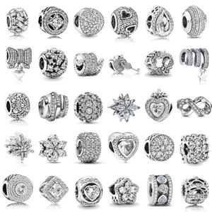 925 실버 심플 화이트 반짝이는 지르콘 하트 모양 원형 비즈 참 오리지널 팔찌 여성 DIY 쥬얼리 액세서리 펜던트