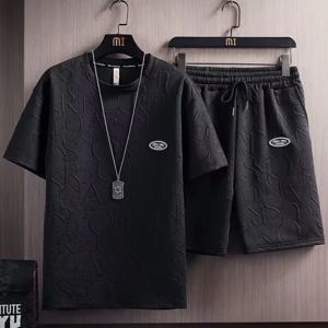 남자 세트 2024 새로운 와플 여름 캐주얼 Tshirt + 반바지 정장 농구 Tracksuit 편지 인쇄 솔리드 컬러 tracksuit 느슨한 양복