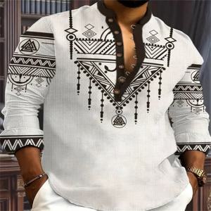새로운 남성 헨리 칼라 리넨 긴팔 캐주얼 셔츠 에스닉 프린트 고품질 탑 데일리룩