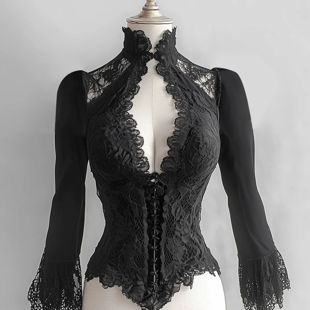 프랑스 코르셋 블라우스 여성 블랙 슬림핏 우아한 코트 레이스 시스루 스탠드 칼라 컷아웃 플레어 슬리브 셔츠 여성 블라우스